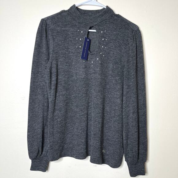 Adrienne Vittadini Sweater Small Rhinestone Keyhole Mock Neck Women's Gray NWT - Picture 1 of 8